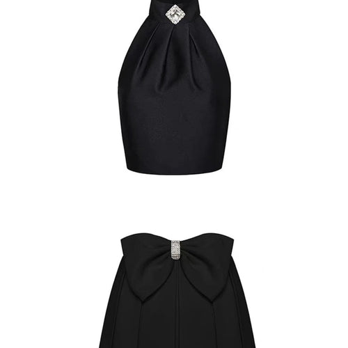 Load image into Gallery viewer, Sweet Two Piece Sets for Women Round Neck Sleeveless Spliced Bead Vest High Waist Patchwork Bowknot Skirt Set Female
