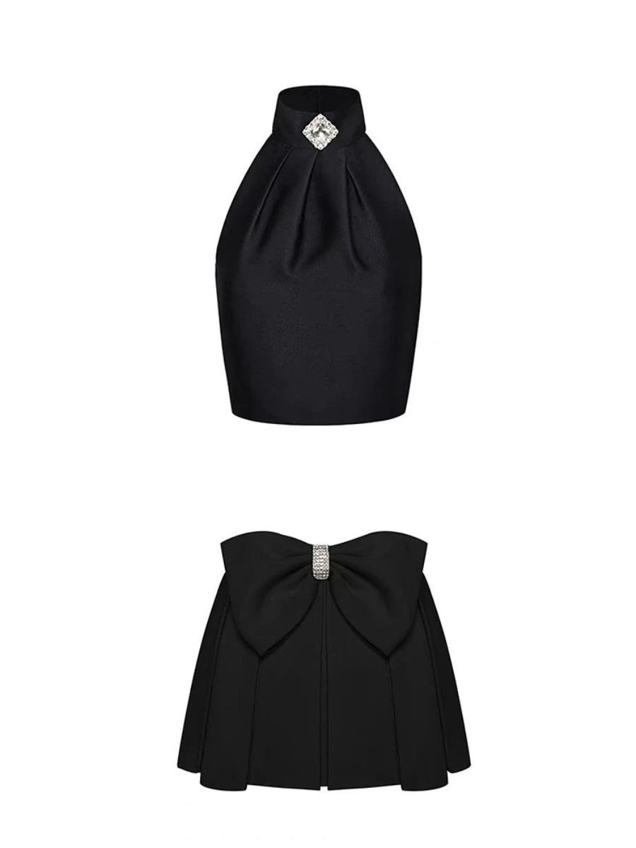 Sweet Two Piece Sets for Women Round Neck Sleeveless Spliced Bead Vest High Waist Patchwork Bowknot Skirt Set Female