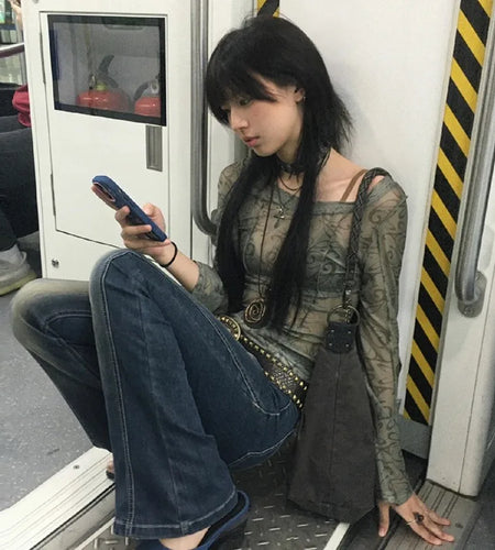 Grunge Aesthetics Mesh Tops Japanese Y2k Sheer Tops Vintage Harajuku See Through Crop Top Korean Fashion Tie Dye T-shirt