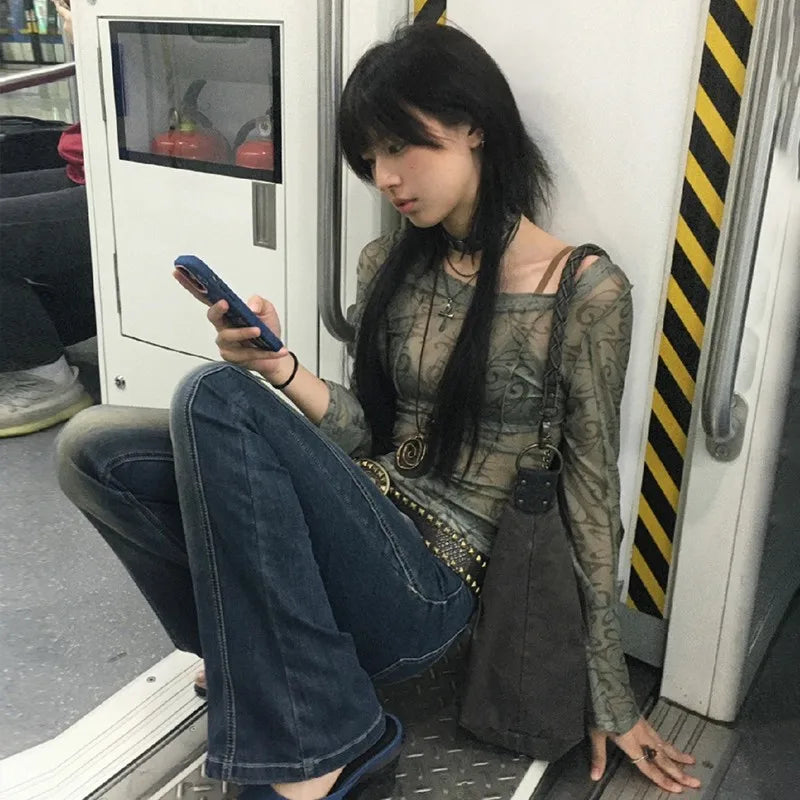 Grunge Aesthetics Mesh Tops Japanese Y2k Sheer Tops Vintage Harajuku See Through Crop Top Korean Fashion Tie Dye T-shirt