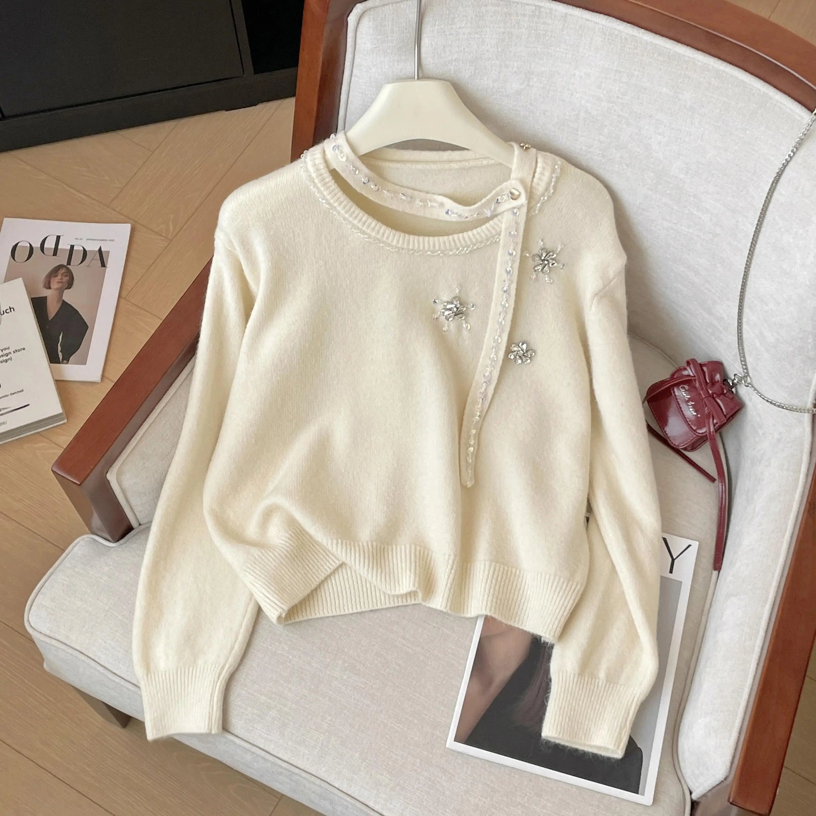 Korean Autumn Winter Beige Diamonds Long Sleeves Loose Knit Crochet Sweater Women's Red Round Neck Versatile Short Pullover Tops