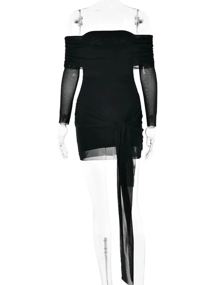 Sexy One Shoulder Mesh Double Layered Dress For Women Tight Elastic Pleated Short Skirt Female Vacation Party Clubwear