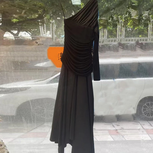 Load image into Gallery viewer, Solid Spliced Folds Irregular Dresses for Women Diagonal Collar One Shoulder High Waist Long Dress Female Clothing
