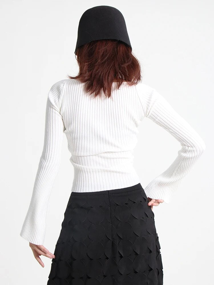 Cut Out Knitting Sweater For Women Halter Collar Long Sleeve Solid Minimalsit Skinny Pullover Female Clothing