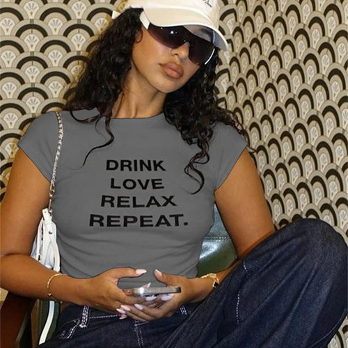 Load image into Gallery viewer, Classic Fashion Woman T-Shirt Belly Button Letter Print Pleats Unique Design Regular Casual Summer Fit Streets Mini Top
