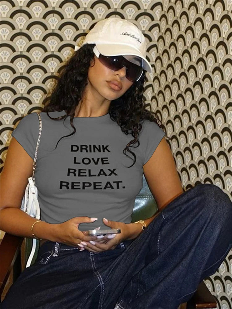 Classic Fashion Woman T-Shirt Belly Button Letter Print Pleats Unique Design Regular Casual Summer Fit Streets Mini Top