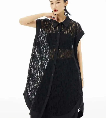 Women Black Lace Hollow Out Big Size Long Blouse New Lapel Sleeveless Shirt Fashion Tide Spring Summer 2025 1DH5758