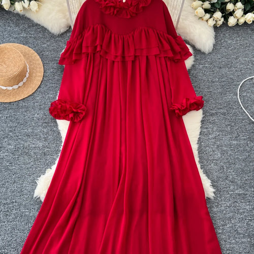 Load image into Gallery viewer, French 2024 Autumn New Solid Elegant Ruffle Edge Neck Long Sleeves Dress Women Vintage Loose Vacation Pleated Dress Popular Chic
