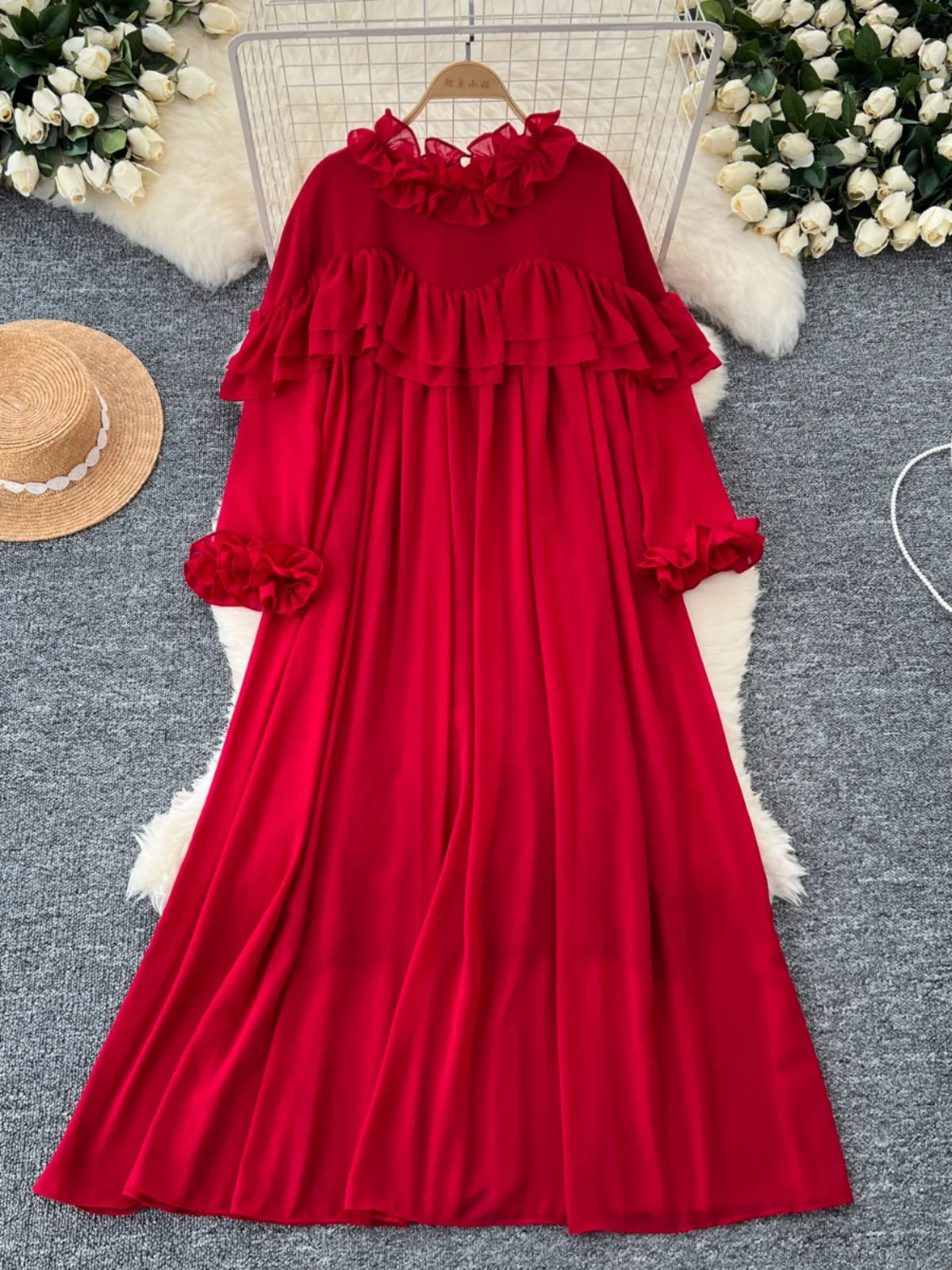 French 2024 Autumn New Solid Elegant Ruffle Edge Neck Long Sleeves Dress Women Vintage Loose Vacation Pleated Dress Popular Chic