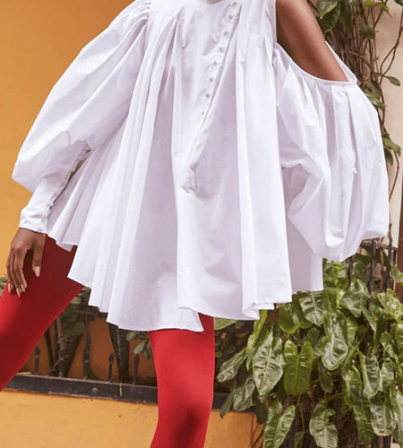 Cotton Women Tops and Blouses Summer Fall High Neck Casual OverSize Puff Sleeves Buttoned Streetwear Shirts Female