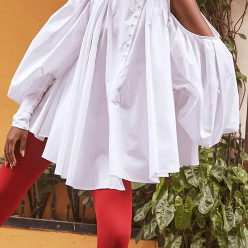 Load image into Gallery viewer, Cotton Women Tops and Blouses Summer Fall High Neck Casual OverSize Puff Sleeves Buttoned Streetwear Shirts Female
