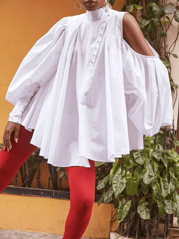 Cotton Women Tops and Blouses Summer Fall High Neck Casual OverSize Puff Sleeves Buttoned Streetwear Shirts Female