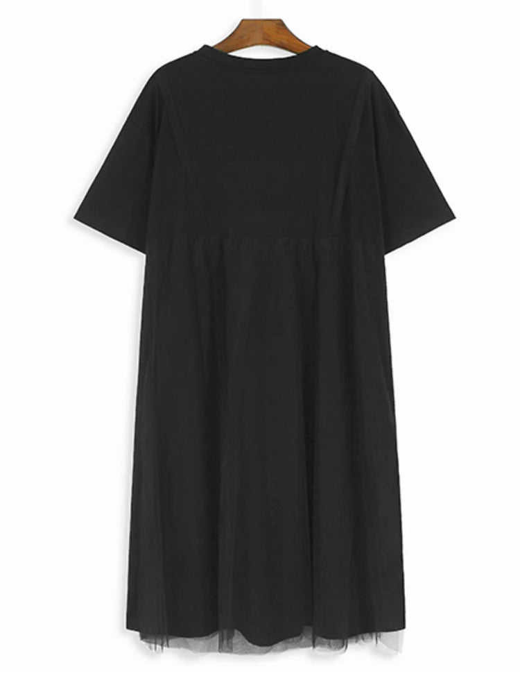 Women Gray Mesh Spliced Big Size Casual Midi Dress New Round Neck Short Sleeve Fashion Tide Spring Summer 2025 1DH9817