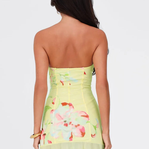 Load image into Gallery viewer, Off-shoulder Strapless Sexy Mini Dress For Women Robe Yellow Sleeveless Backless Ruffled Printed Club Dress Vestido
