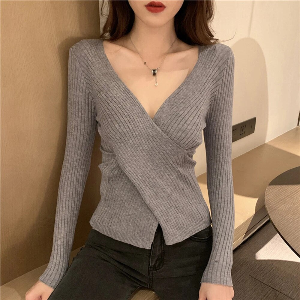 Slim Knitting Irregular Sweater For Women V Neck Long Sleeve Solid