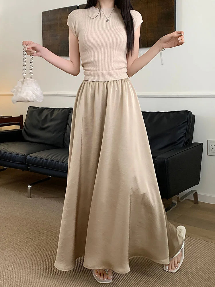 Korean Casual Women's Black White Elegant Simple Pleated A-line Skirt Spring Summer Fashion Slim High Waist Long Skirts Popular