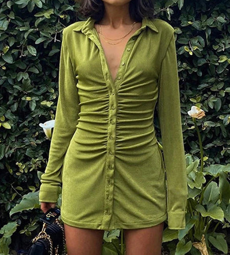 Long Sleeve Ruched Bodycon Shirts Dress For Women Turn-Down Collar Sexy Mini Dress Ladies Buttons Slim Party Vestidos