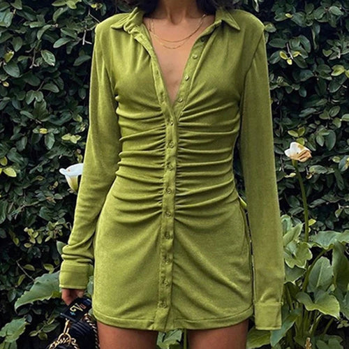 Load image into Gallery viewer, Long Sleeve Ruched Bodycon Shirts Dress For Women Turn-Down Collar Sexy Mini Dress Ladies Buttons Slim Party Vestidos
