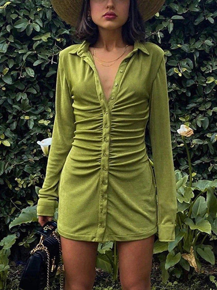 Long Sleeve Ruched Bodycon Shirts Dress For Women Turn-Down Collar Sexy Mini Dress Ladies Buttons Slim Party Vestidos