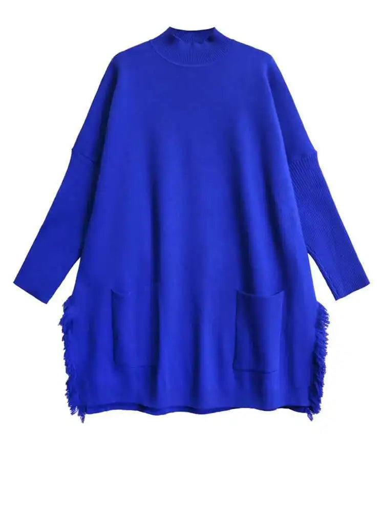 Blue Big Size Slit Burr Knitting Sweater Turtleneck Long Sleeve Women Pullovers New Fashion Spring Autumn 2025 1DH8060