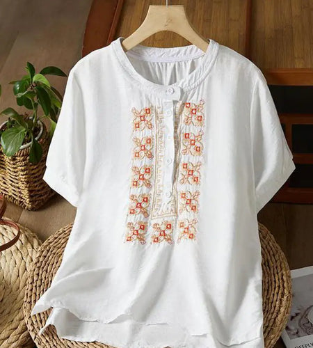 Vintage Women White Beige Embroidery Loose Single Breasted Short Sleeve Cotton Shirt Summer Round Neck Elegant Festival Tops New
