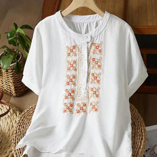 Load image into Gallery viewer, Vintage Women White Beige Embroidery Loose Single Breasted Short Sleeve Cotton Shirt Summer Round Neck Elegant Festival Tops New
