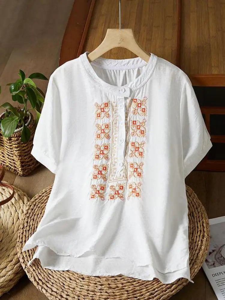 Vintage Women White Beige Embroidery Loose Single Breasted Short Sleeve Cotton Shirt Summer Round Neck Elegant Festival Tops New