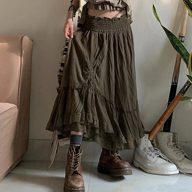 Grunge Fairycore y2k Vacation Lace Patchwork Long Skirt Female Vintage Drawstring Loose Stitched