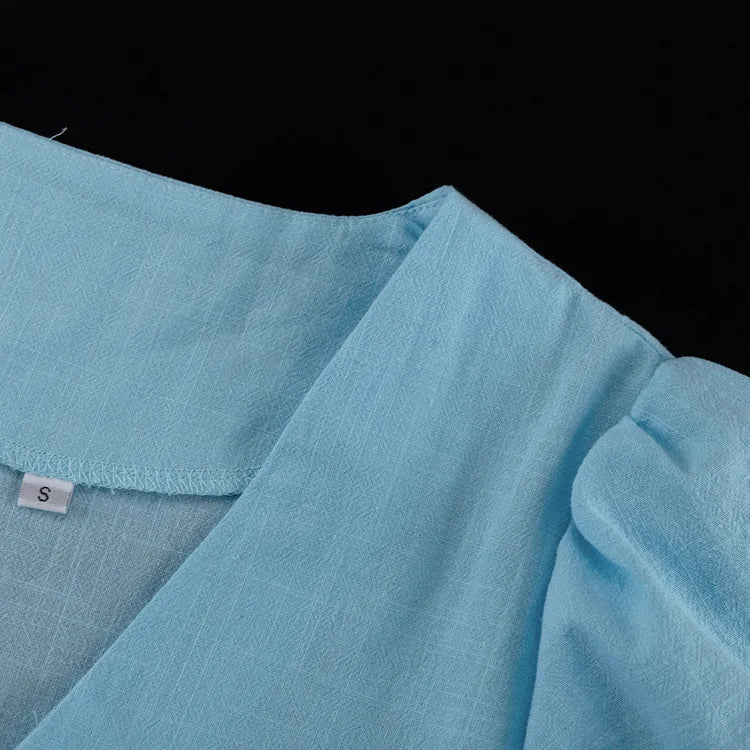 Short Puff Sleeve Maxi Dress For Women Fashion Autumn New Blue V Neck Loose Basic Casual Long Dress Elegant Gown