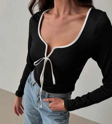 y2k Crop Top Women Sexy Clothes Square Neck Tie Front Contrast Color Long Sleeve T Shirt 2000s Clothing Streetwear
