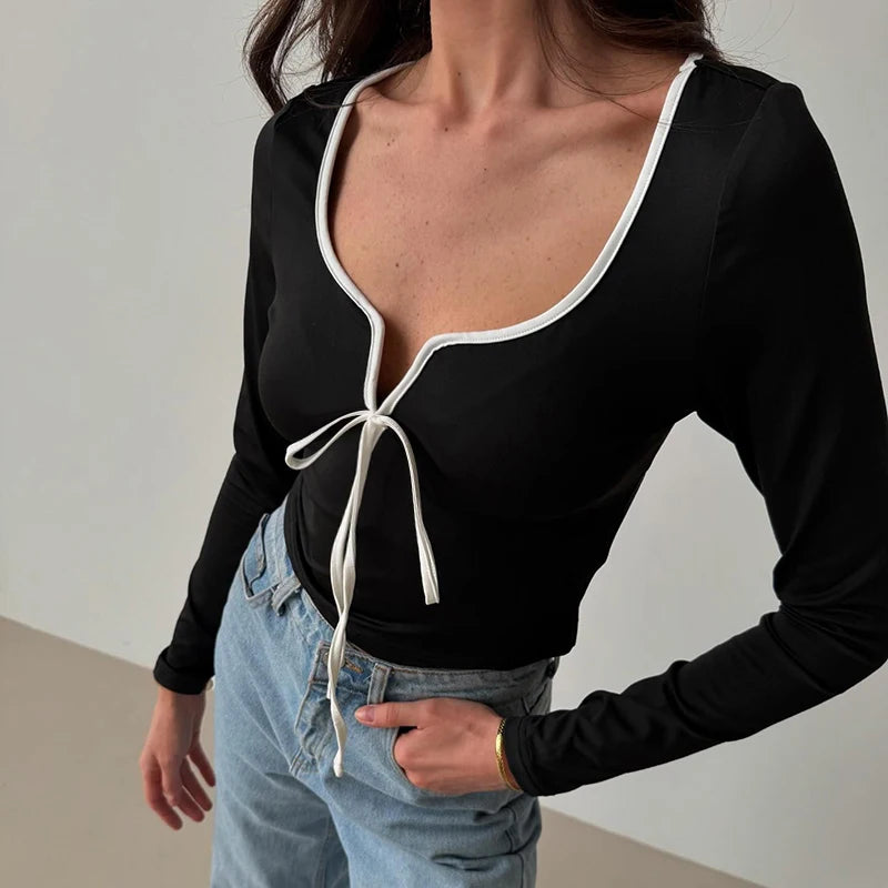 y2k Crop Top Women Sexy Clothes Square Neck Tie Front Contrast Color Long Sleeve T Shirt 2000s Clothing Streetwear