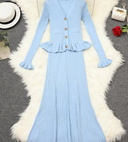 French Autumn 2024 New Women Black White Blue Single Breasted Knitted Dress Elegant Slim Office V-neck Ruffles Long Sleeve Dress