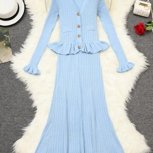 Load image into Gallery viewer, French Autumn 2024 New Women Black White Blue Single Breasted Knitted Dress Elegant Slim Office V-neck Ruffles Long Sleeve Dress
