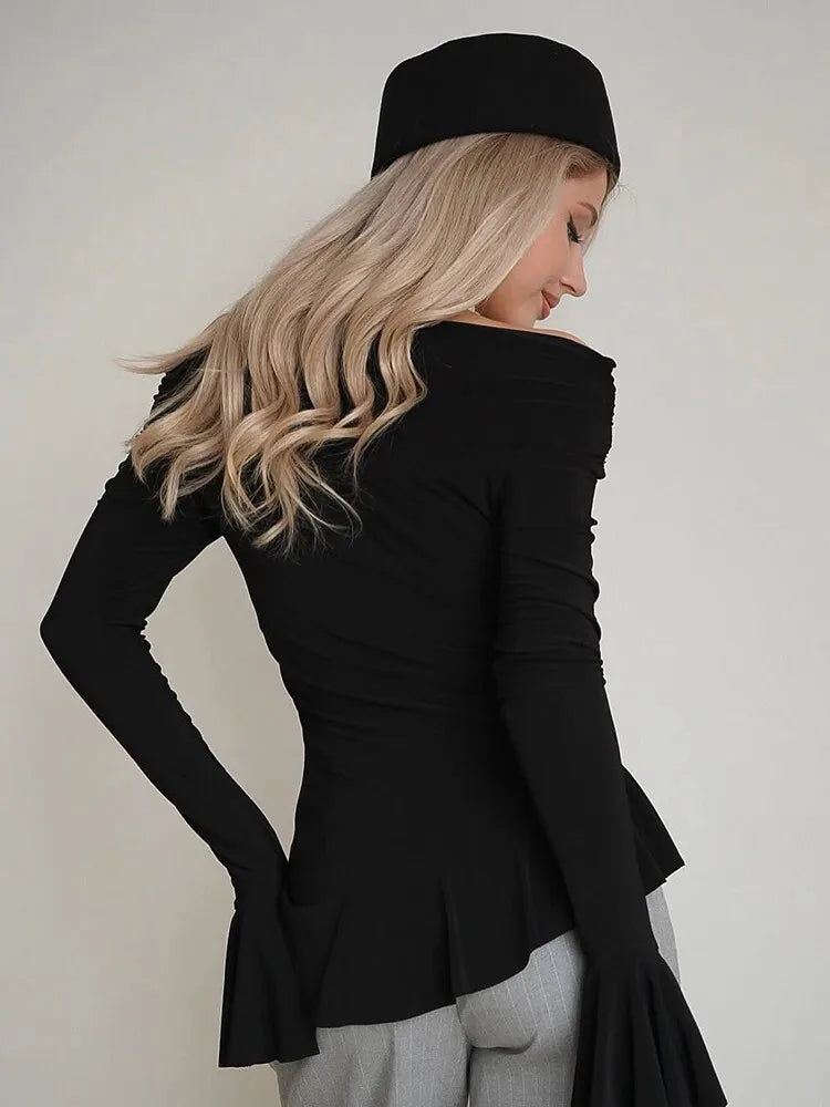 Fashion Long Flared Sleeves Leaf Edge High Elasticity Tight  Women's Top T-shirt Slim Spring/summer New 2025 Streetwear