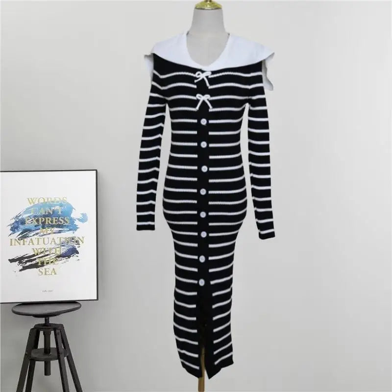Autumn Winter Vintage Black White Striped Elegant Long Sleeve Dress Women French Single Breasted Office Bow Split Knitted Dress