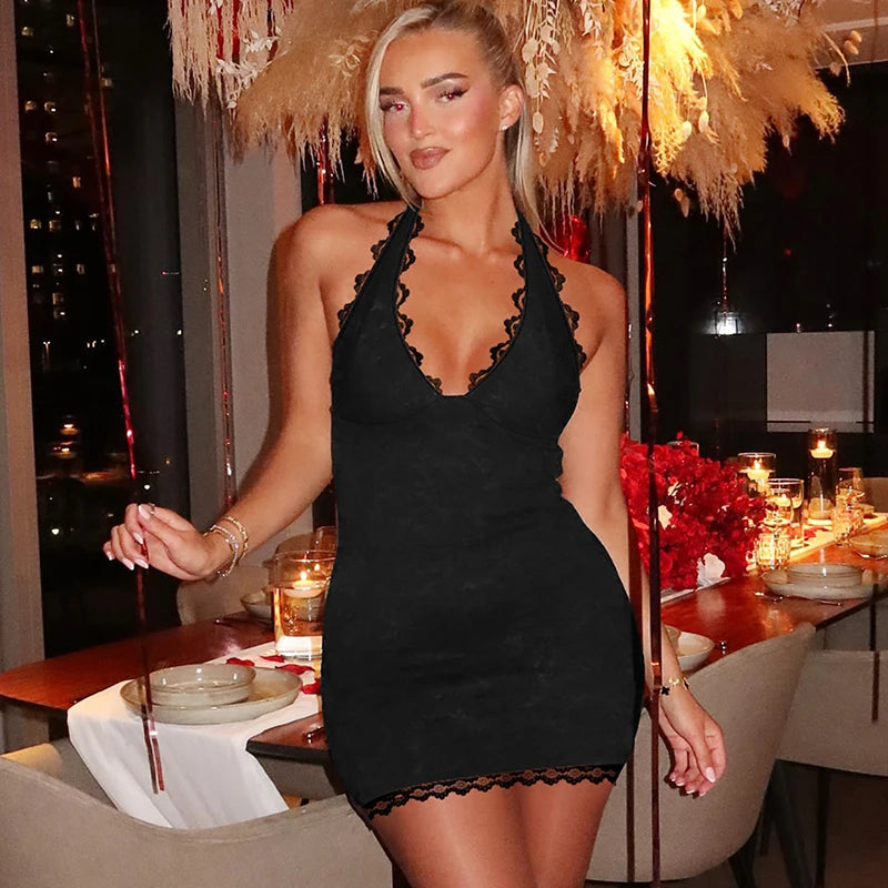 Lace Halter Sexy Mini Dress For Women Robe Off-shoulder Deep V Neck Sleeveless Backless Skinny Club Party Dress Robe
