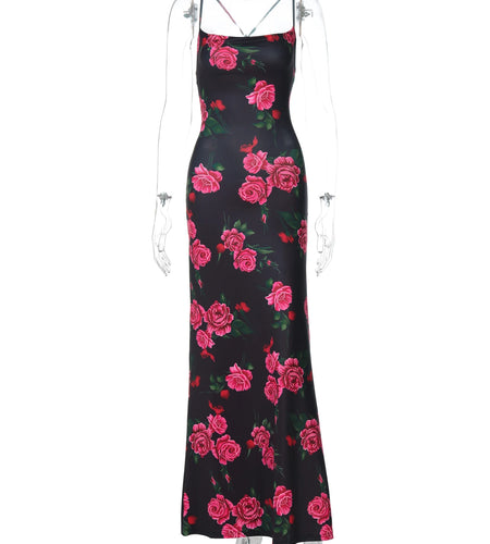 Floral Print Slips Backless Lace Up Sexy Bodycon Maxi Prom Dress Summer Women Elegant Clothes Birthday Party Festival