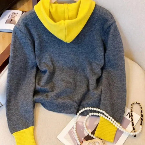 Load image into Gallery viewer, Korean Style Women's Patchwork Elegant Long Sleeve Knitted Tops Autumn Winter Vintage Single Breasted Hooded Sweater 2024 Trendy
