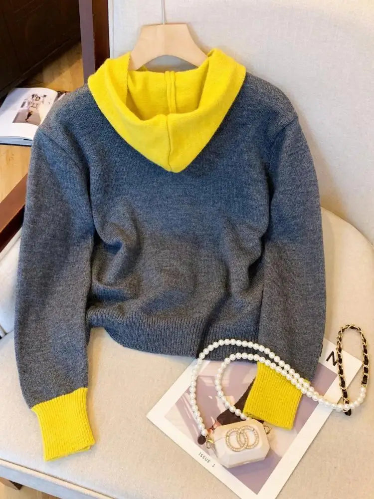 Korean Style Women's Patchwork Elegant Long Sleeve Knitted Tops Autumn Winter Vintage Single Breasted Hooded Sweater 2024 Trendy