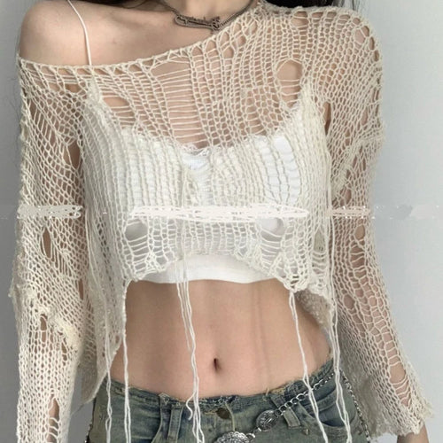 Load image into Gallery viewer, Summer Fairy Hollow Out Streetwear Crop T-shirts Grunge Loose Y2k Aesthetic Tees Harajuku Vintage Casual Knitted Tops Women
