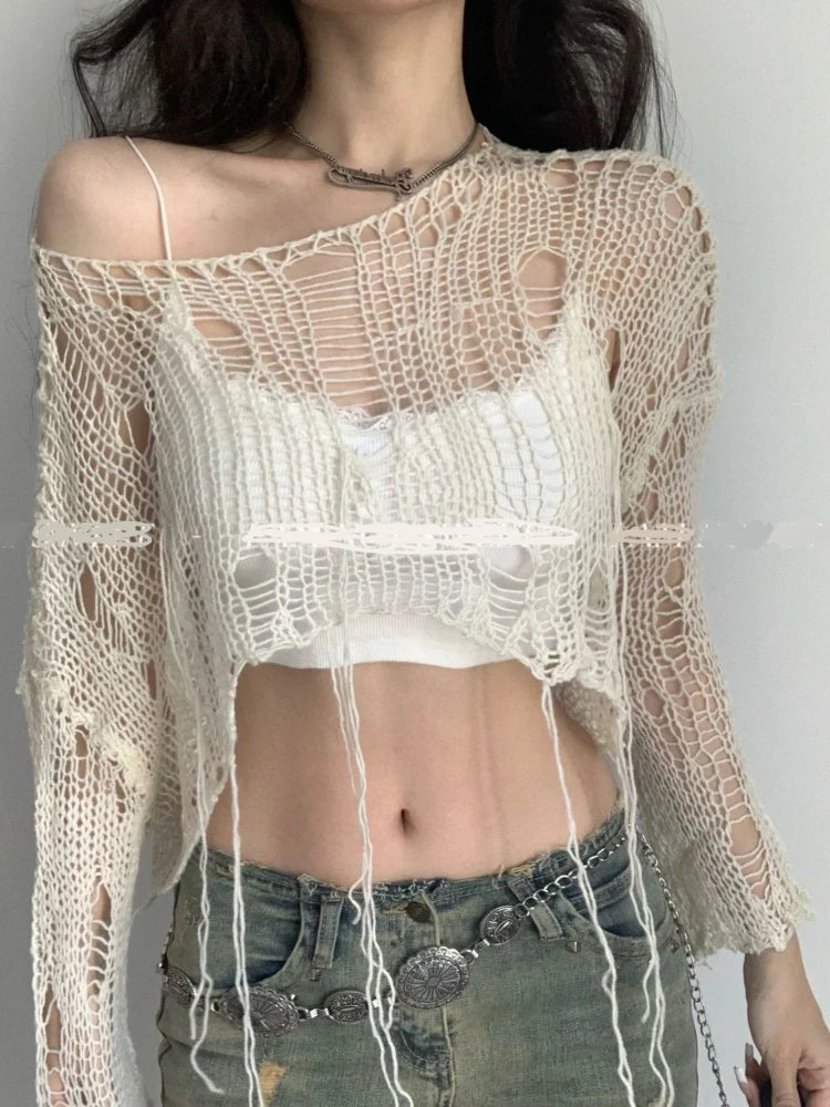 Summer Fairy Hollow Out Streetwear Crop T-shirts Grunge Loose Y2k Aesthetic Tees Harajuku Vintage Casual Knitted Tops Women