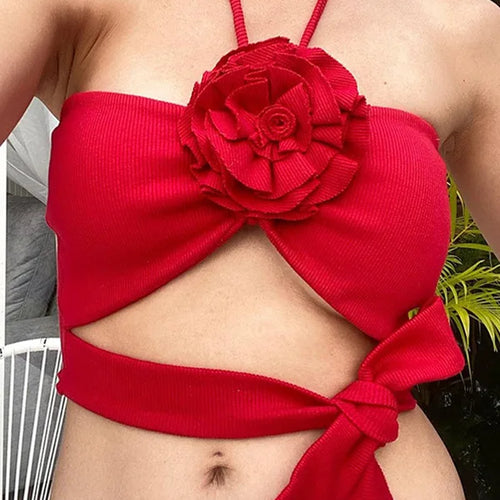 Load image into Gallery viewer, Summer New Sexy Pure Desire Hollow Out Flower Suspended Top Women Lace Up Wrapped Tank Top Female Slim Beachwear
