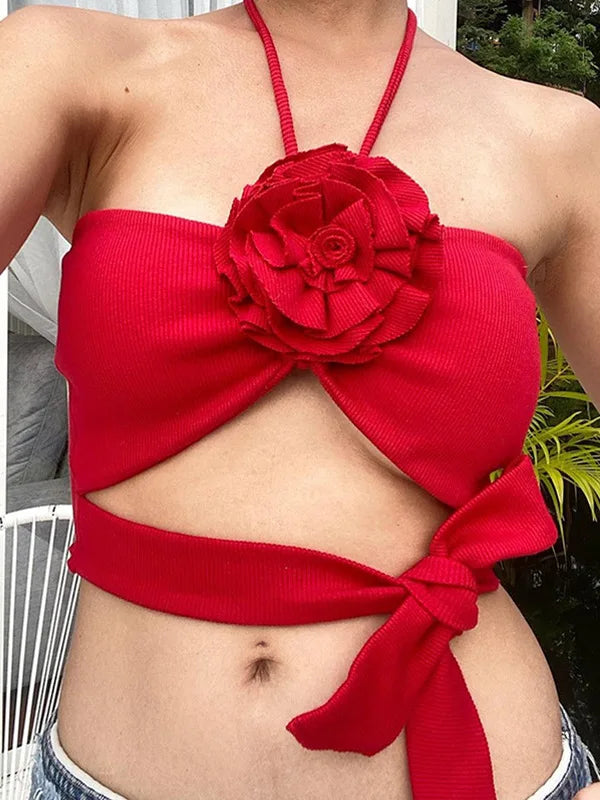 Summer New Sexy Pure Desire Hollow Out Flower Suspended Top Women Lace Up Wrapped Tank Top Female Slim Beachwear