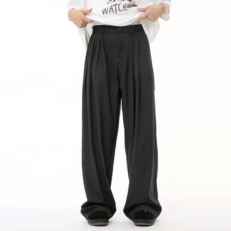 Trend Men's Suit Pants Free Draping Pleated Droop Bottom Straight Wide Leg Solid Color Male Casual Bottom Summer 9C6592