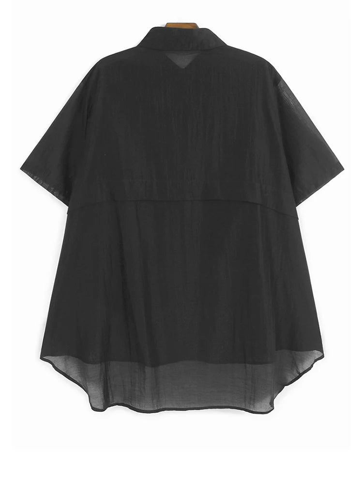 Black Irregular Thin Shirt Wide Leg Shorts Two Piece Suit New Lapel Short Sleeve Women Fashion Spring Summer 2025 1DJ1434