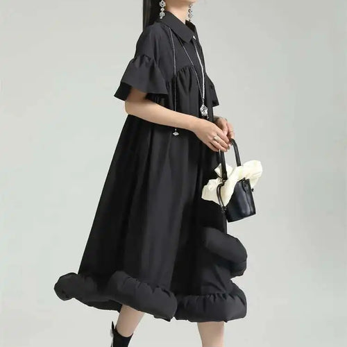 Load image into Gallery viewer, Women White Pleated Hem Ruffles Big Size Shirt Dress New Lapel Short Sleeve Loose Fit Fashion Spring Summer 2025 1DF7190
