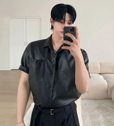 PU Leather Men's Short Sleeve Shirt Summer Korean New Chic Male Shirt Korean Handsome Lapel Loose Trendy Top 9W1628