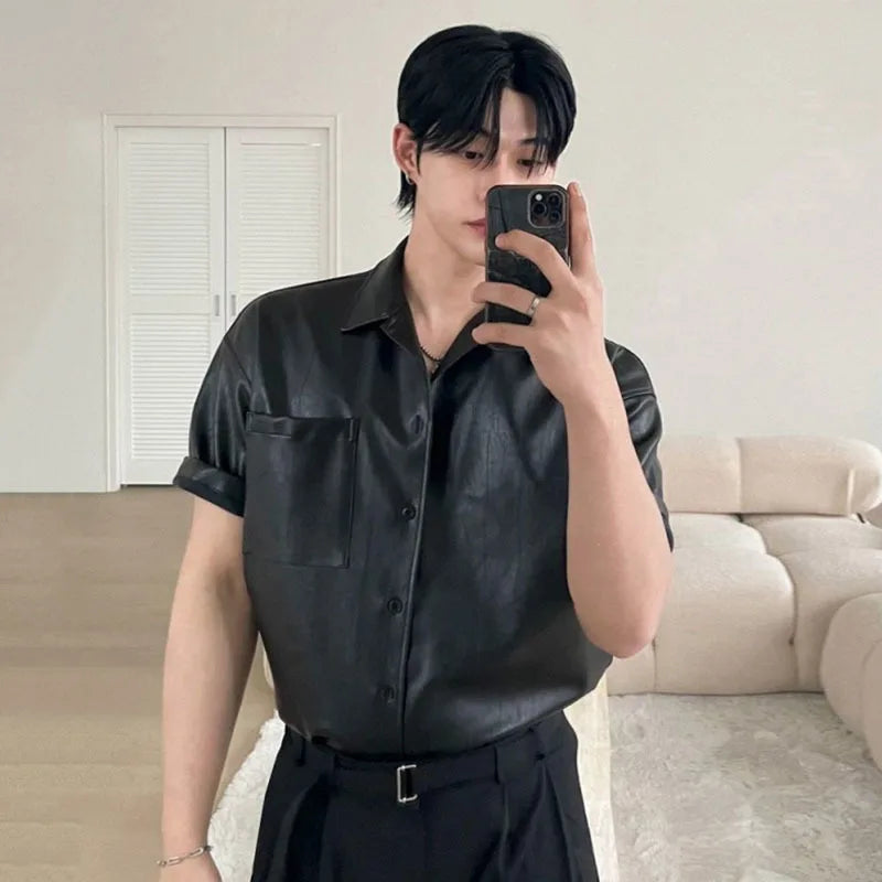 PU Leather Men's Short Sleeve Shirt Summer Korean New Chic Male Shirt Korean Handsome Lapel Loose Trendy Top 9W1628