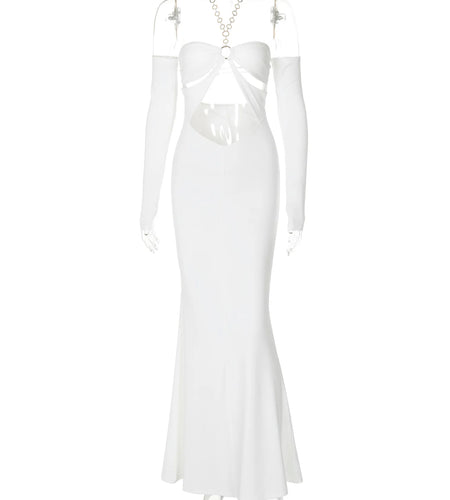 Halter Solid Chain Long Sleeve Hollow Out Backless Sexy Slim Maxi Dress Fall Women Fashion Outfits Beach Festival Party