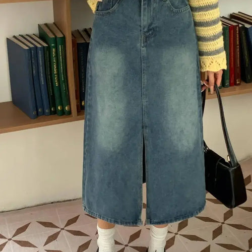 Load image into Gallery viewer, Autumn Winter Retro Black Office Lady Denim Split Skirt 2024 New Blue High Waist Elegant Wrap Hip Long Jean Skirts Women Fashion
